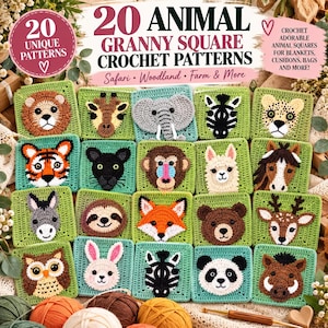 Op de afbeelding: Een verzameling van 20 haakpatronen voor granny squares met diverse dierenkoppen zoals een leeuw, olifant, zebra en vos. De tekst luidt 20 ANIMAL GRANNY SQUARE CROCHET PATTERNS, Safari Woodland Farm & More en 20 UNIQUE PATTERNS.