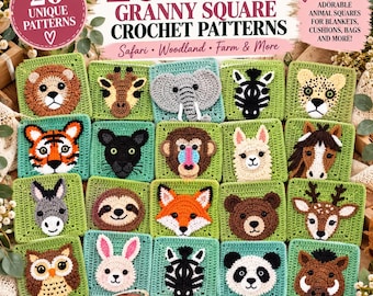 20 Häkelmuster-Sets mit Tiermotiven | Safari- und Waldmotive, Babydecken-Quadrate, PDF-Anleitungen für Anfänger