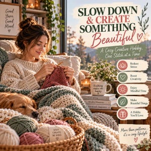 Pu&ograve; includere: Una persona che lavora a maglia un progetto color malva con un ferro di legno, avvolta in una coperta spessa color crema e verde salvia. Un cesto di gomitoli &egrave; vicino, con una tazza con la scritta 'Knitting makes me happy' e il testo 'SLOW DOWN & CREATE SOMETHING Beautiful'.