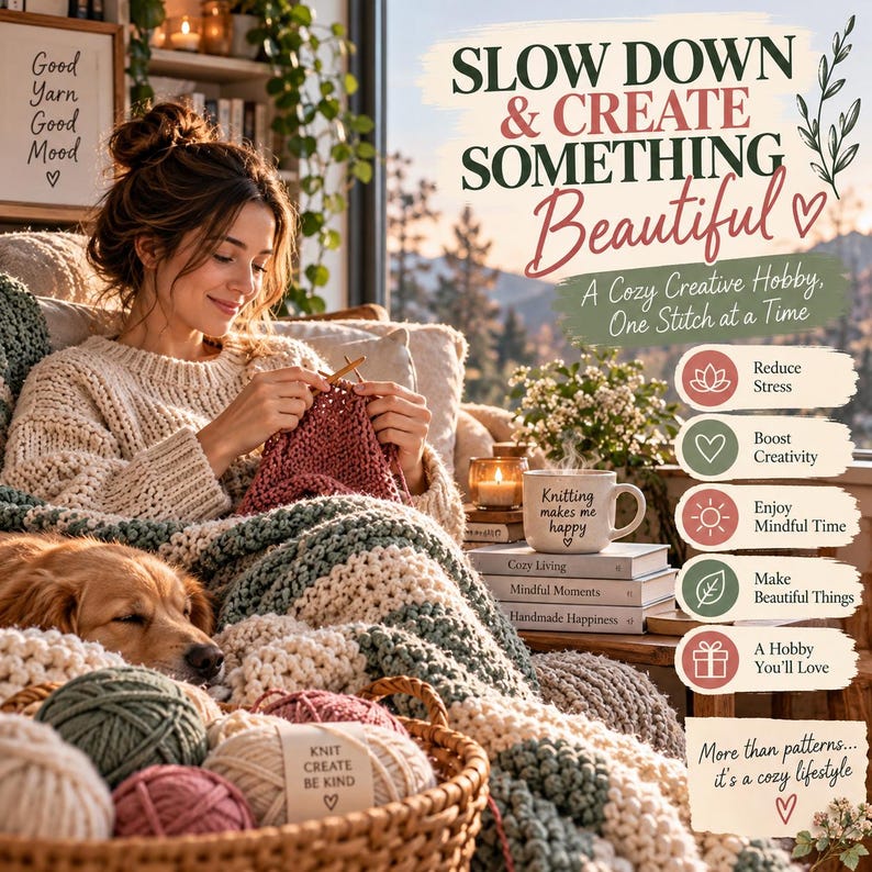 Pu&ograve; includere: Una persona che lavora a maglia un progetto color malva con un ferro di legno, avvolta in una coperta spessa color crema e verde salvia. Un cesto di gomitoli &egrave; vicino, con una tazza con la scritta 'Knitting makes me happy' e il testo 'SLOW DOWN & CREATE SOMETHING Beautiful'.