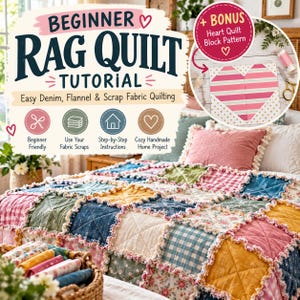 May include: A rag quilt tutorial guide featuring text that reads Beginner Rag Quilt Tutorial, Easy Denim, Flannel & Scrap Fabric Quilting, and a bonus heart quilt block pattern. The image displays a multi-colored patchwork quilt on a bed.