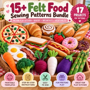 17 PDF-paket med symönster av filtmat | Låtsaslekkök, bagerimat, pizza, munkar, grönsaker och leksaker till mataffärer