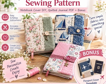 Fabric Journal Cover Sewing Pattern | Notebook Cover DIY, Quilted Journal PDF + Bonus