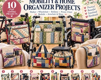 Walker Caddy Schnittmuster-Set | 10 Quilt-as-you-go-Taschen- und Armlehnen-Organizer-Schnittmuster (PDF)
