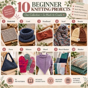 Pu&ograve; includere: Una guida digitale intitolata 10 Beginner Knitting Projects che presenta dieci immagini numerate di articoli lavorati a maglia, tra cui un panno, uno scaldacollo, una fascia, una sciarpa, un berretto, una borsa, muffole, uno scialle e coperte.