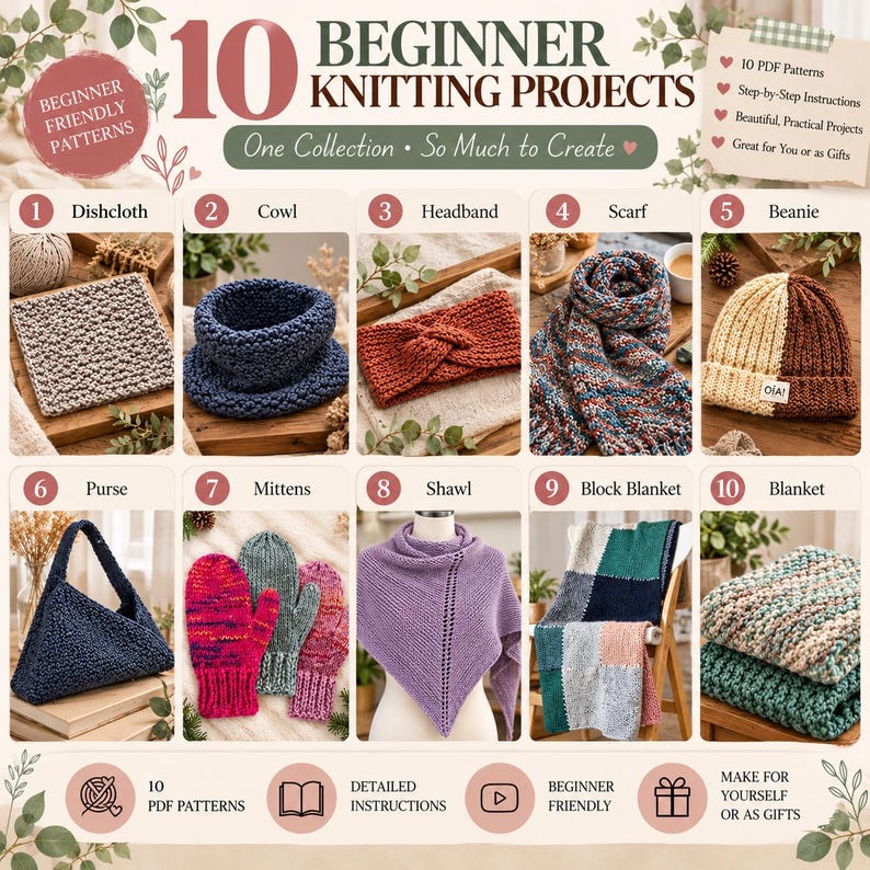 Pu&ograve; includere: Una guida digitale intitolata 10 Beginner Knitting Projects che presenta dieci immagini numerate di articoli lavorati a maglia, tra cui un panno, uno scaldacollo, una fascia, una sciarpa, un berretto, una borsa, muffole, uno scialle e coperte.