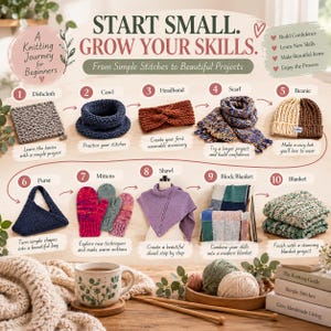 Pu&ograve; includere: Un'infografica educativa intitolata START SMALL. GROW YOUR SKILLS. A Knitting Journey for Beginners, che mostra dieci progetti numerati tra cui un panno, uno scaldacollo, una fascia, una sciarpa, un berretto, una borsa, muffole e coperte.