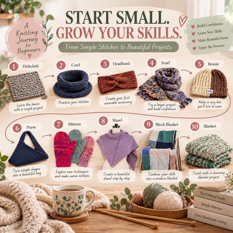 Pu&ograve; includere: Un'infografica educativa intitolata START SMALL. GROW YOUR SKILLS. A Knitting Journey for Beginners, che mostra dieci progetti numerati tra cui un panno, uno scaldacollo, una fascia, una sciarpa, un berretto, una borsa, muffole e coperte.
