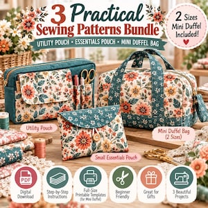 Peut inclure: Un ensemble de patrons de couture comprenant une trousse utilitaire, une pochette essentielle et un mini sac polochon. Les articles sont en tissu à motif floral rouge, orange et vert sur fond crème. Le texte indique 3 Practical Sewing Patterns Bundle.