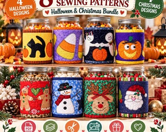 8 Nähvorlagen für Einmachglas-Überzüge | Halloween- und Weihnachts-Einmachglas-Deckel, Applikationen (PDF), Nähprojekte für Anfänger