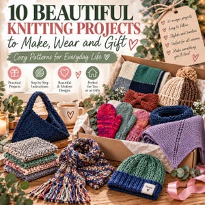 Pu&ograve; includere: Una collezione di articoli lavorati a maglia che include una borsa blu scuro, una pila di panni quadrati, una sciarpa multicolore con frange, un berretto verde e blu con etichetta, muffole, una fascia e uno scialle viola, in una scatola.