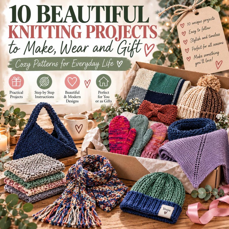 Pu&ograve; includere: Una collezione di articoli lavorati a maglia che include una borsa blu scuro, una pila di panni quadrati, una sciarpa multicolore con frange, un berretto verde e blu con etichetta, muffole, una fascia e uno scialle viola, in una scatola.