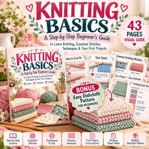 Może przedstawiać: Książka w miękkiej oprawie zatytułowana Knitting Basics: A Step-by-Step Beginner's Guide, zawierająca 43-stronicowy przewodnik wizualny, dodatkowy wzór na ściereczkę, kłębki włóczki, druty do robótek oraz próbki dzianin.