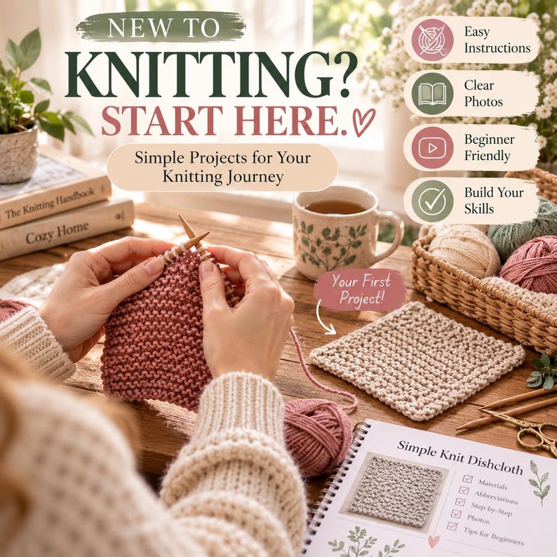 Pu&ograve; includere: Una guida al lavoro a maglia con il testo NEW TO KNITTING? START HERE. Simple Projects for Your Knitting Journey. L'immagine mostra filati, ferri da maglia, un panno finito e un libro intitolato Simple Knit Dishcloth con istruzioni.