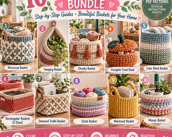 10 Crochet Basket Patterns Bundle PDF | Crochet Storage Baskets, Hanging Basket, Home Decor & Organizer Patterns