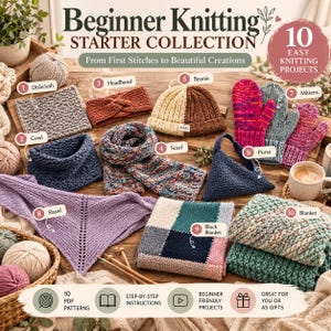 Beginner Knitting Patterns Bundle | 10 Easy Knitting Patterns PDF, Scarf, Hat, Mittens, Shawl, Blanket & First Projects
