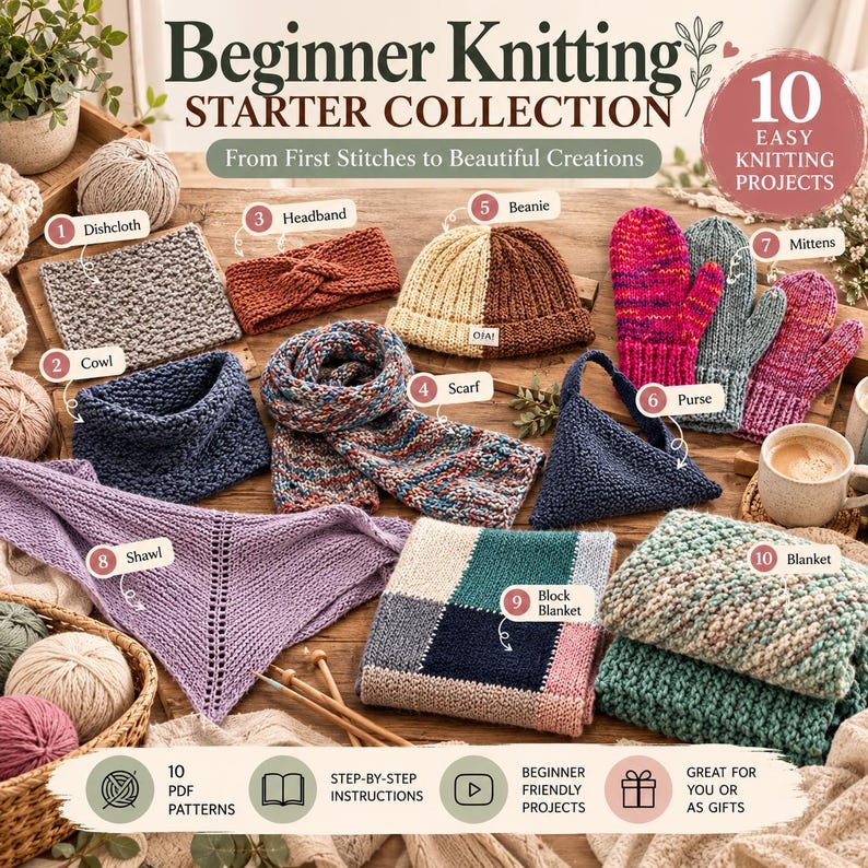 Pu&ograve; includere: Una collezione di avviamento al lavoro a maglia per principianti con 10 progetti tra cui strofinaccio, scaldacollo, fascia, sciarpa, berretto, borsa, muffole, scialle, coperta a blocchi e coperta. L'immagine include etichette per ogni articolo.