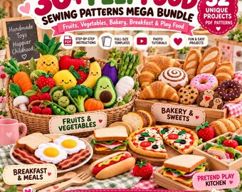 30+ Felt Food Sewing Patterns PDF Mega Bundle | Pretend Play Kitchen, Fruits, Vegetables, Bakery & Grocery Store Toys