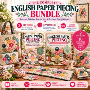 Könnte beinhalten: Das Complete English Paper Piecing Bundle enthält zwei Bücher, English Paper Piecing for Beginners und das Practice Workbook, sowie eine Tragetasche, ein Reißverschlusstäschchen, ein Nadelkissen, einen Tischläufer und ein Kissen mit floralem Hexagon-Patchwork.