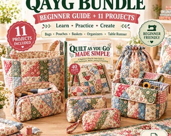 Quilt-as-you-go-Bundle (PDF) | QAYG-Anfängerleitfaden + 11 Quiltmuster, gesteppte Taschen, Beutel, Körbe & Tischläufer