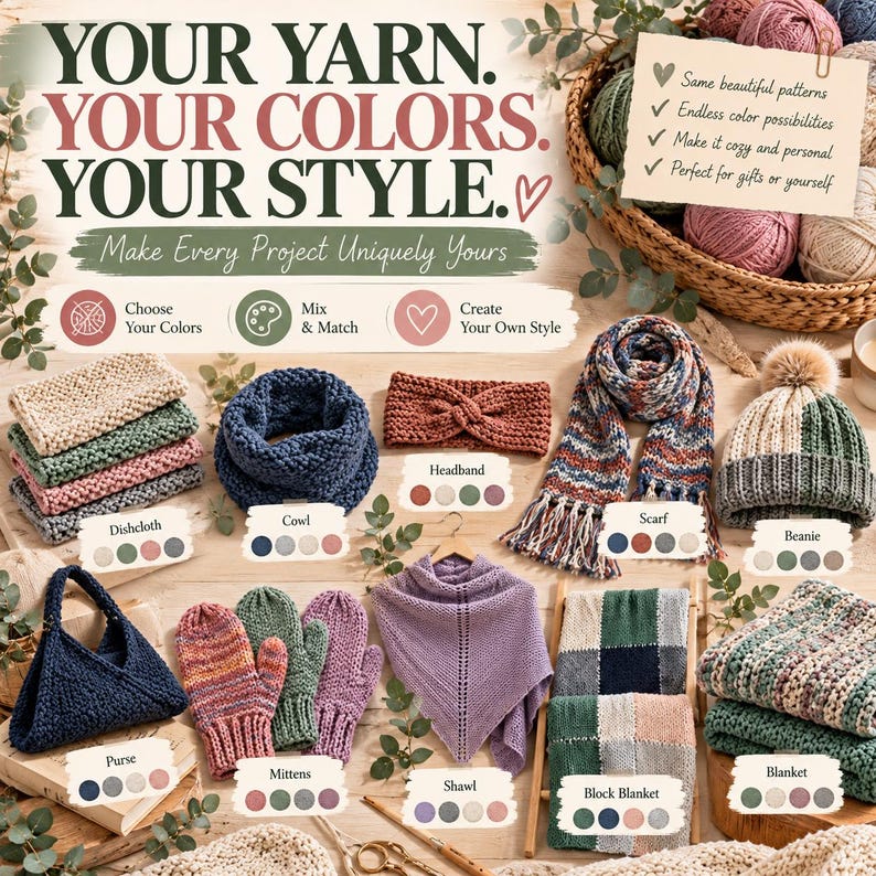 Pu&ograve; includere: Una collezione di articoli lavorati a maglia tra cui strofinacci, uno scaldacollo, una fascia, una sciarpa, un berretto, una borsa, muffole, uno scialle, una coperta a blocchi e una coperta. Il testo recita: YOUR YARN. YOUR COLORS. YOUR STYLE.