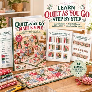 Può includere: Un libro di istruzioni intitolato Quilt As You Go Made Simple, contenente una guida di 40 pagine con istruzioni passo dopo passo, tabelle per il taglio dei tessuti e un progetto bonus per un runner da tavola. La copertina mostra blocchi di trapuntatura colorati a fiori e a quadri.