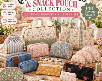 Nähset mit Schnittmustern für gesteppte Lunchtaschen | PDF-Anleitung für Lunchtasche, Bento-Tasche, Snackbeutel & Reißverschlusstasche