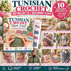 May include: A Tunisian crochet instructional book titled Tunisian Crochet Made Simple, featuring a beginner guide, 10 projects, and a 35-page ebook. The cover displays crochet swatches, a hook, and yarn. Includes photos of a hat, pillow, ruana, scarf, cowl, jacket, tote, and coasters.