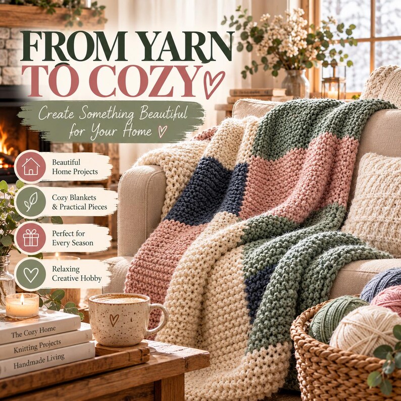 Pu&ograve; includere: Una coperta in maglia grossa con un motivo a blocchi di colore crema, rosa polvere, verde salvia e blu navy. Il testo recita FROM YARN TO COZY, Create Something Beautiful for Your Home, Beautiful Home Projects, Cozy Blankets & Practical Pieces.