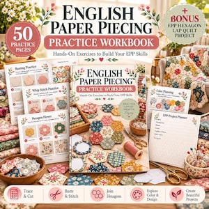 May include: A practice workbook titled English Paper Piecing featuring hands-on exercises, hexagon fabric shapes, a wooden bowl, a pincushion, and scissors. The cover displays floral fabric hexagons and instructional text for quilting projects.