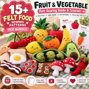 Könnte beinhalten: Eine Sammlung von Filznähvorlagen für Lebensmittel, darunter Ananas, Erdbeere, Kirsche, Zitrone, Orange, Banane, Avocado, Erbsen, Pilze, Chili, Speck, Toast, Ei und Pizza. Enthält PDF-Nähanleitungen, Tutorials und Vorlagen für Projekte.