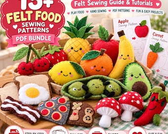 Über 15 Schnittmuster für Filzlebensmittel (PDF) | Spielzeugessen: Obst & Gemüse, Nähanleitung für Filz, Tutorial-Paket für Filzlebensmittel