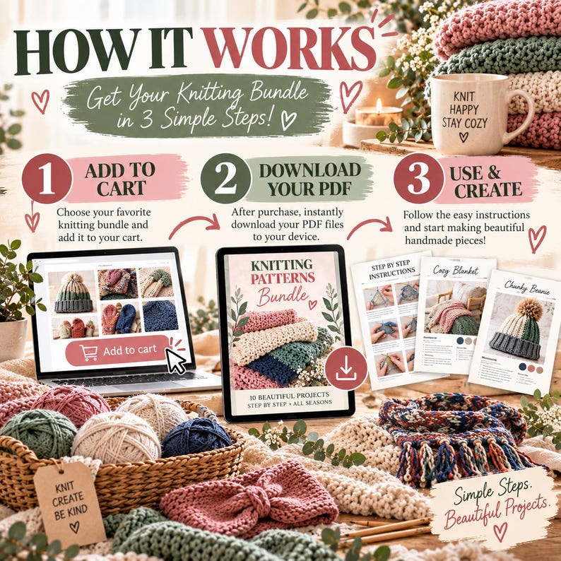 Pu&ograve; includere: Un grafico illustrativo intitolato HOW IT WORKS Get Your Knitting Bundle in 3 Simple Steps! con un portatile e un tablet che mostrano schemi per maglia, gomitoli di lana in un cesto e guide stampate per una coperta e un berretto.