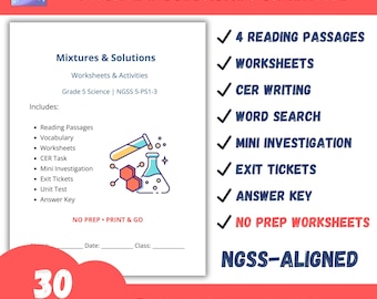 Mixtures and Solutions Worksheets 5th Grade Science NGSS Aligned | Solute Solvent Activities, CER Writing, No Prep Unit, Printable PDF