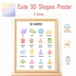 Niedliches geometrisches 3D Formen Poster für Kinder – lustiges und lehrreiches Poster | 5 Größen | Poster zum Ausdrucken