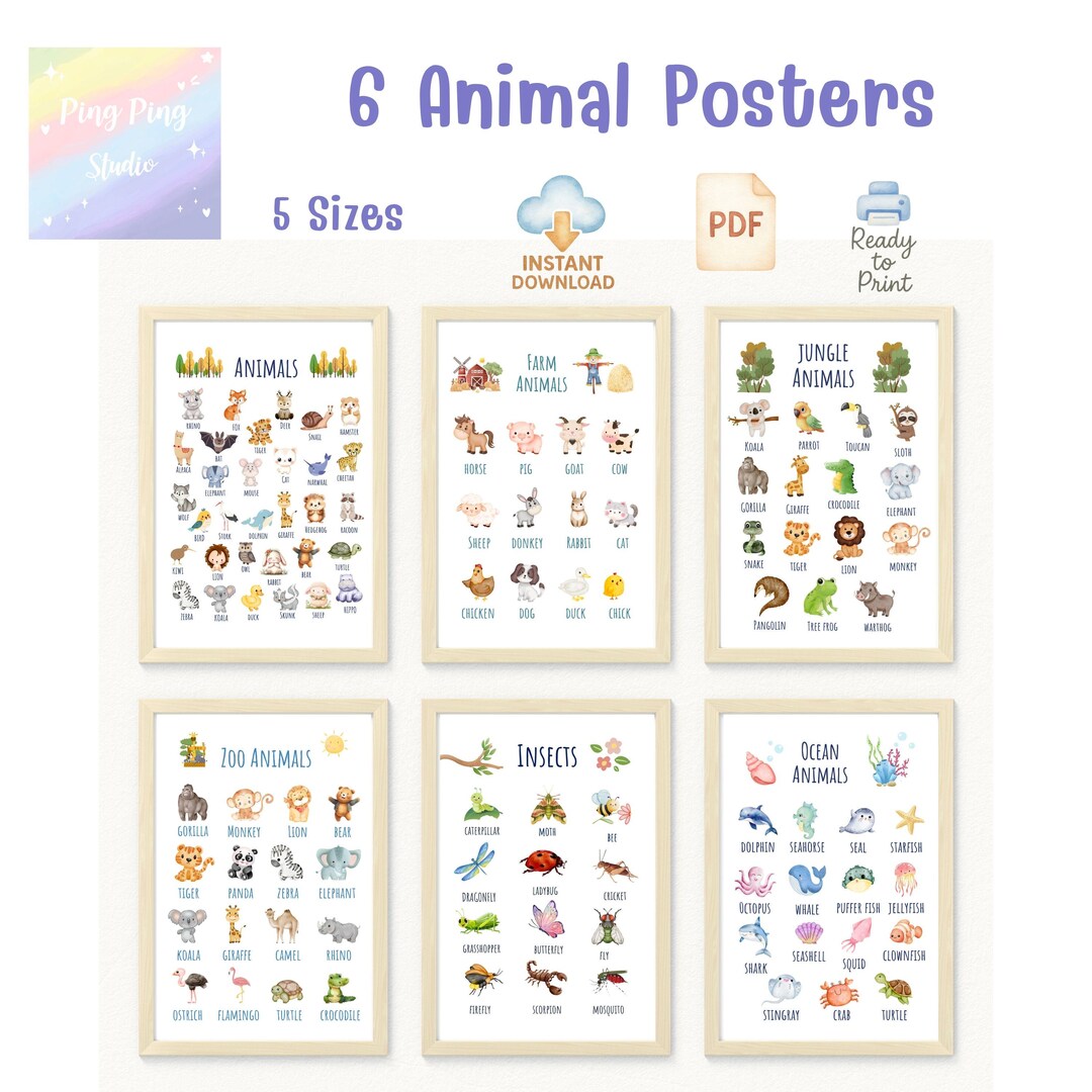 6 Animal Posters Set Farm, Jungle, Zoo, Ocean Animals and Insects