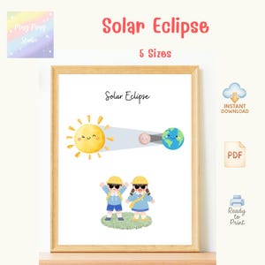 May include: A framed print with a watercolor illustration of a solar eclipse. The image features a smiling sun, a moon, and a smiling Earth. Two children in yellow hats and sunglasses are also depicted. The words "Solar Eclipse" and "5 Sizes" are displayed.