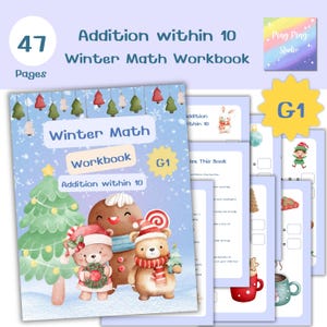 Peut inclure: Un cahier de mathématiques sur le thème de l'hiver intitulé "Winter Math Workbook Addition within 10" avec "G1". La couverture présente un bonhomme en pain d'épices, des ours et un sapin de Noël. Le cahier contient 47 pages.