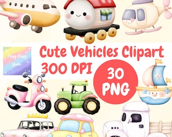 Cute Vehicle Clip Art, Adorable Vehicles Clipart, hand-painted watercolor style, cutest vehicle illustrations, watercolor clipart