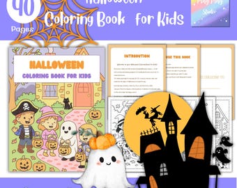 May include: A Halloween coloring book for kids with 40 pages. The cover features a cartoon illustration of children in costumes trick-or-treating. The book includes a ghost, a haunted house, and a full moon.