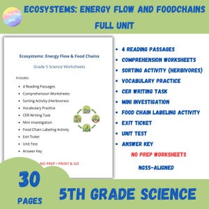 May include: A science worksheet set titled "Ecosystems: Energy Flow & Food Chains" for 5th grade. The set includes reading passages, worksheets, and activities. The image features a list of included items and the text "30 pages".