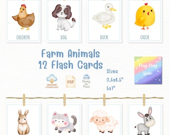 Flashcard ad acquerello di animali da fattoria: materiale didattico Montessori stampabile (download in PDF)