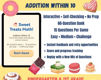 Addition Within 10 Digital Math Game | Kindergarten 1st Grade Addition | Self Checking Math Center | No Prep Online Math Practice