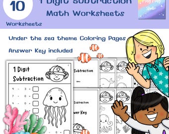 Schede di lavoro per la sottrazione a 1 cifra / Pagine da colorare di matematica a tema "Sotto il mare" / Scuola dell'infanzia e prima elementare / Soluzioni incluse