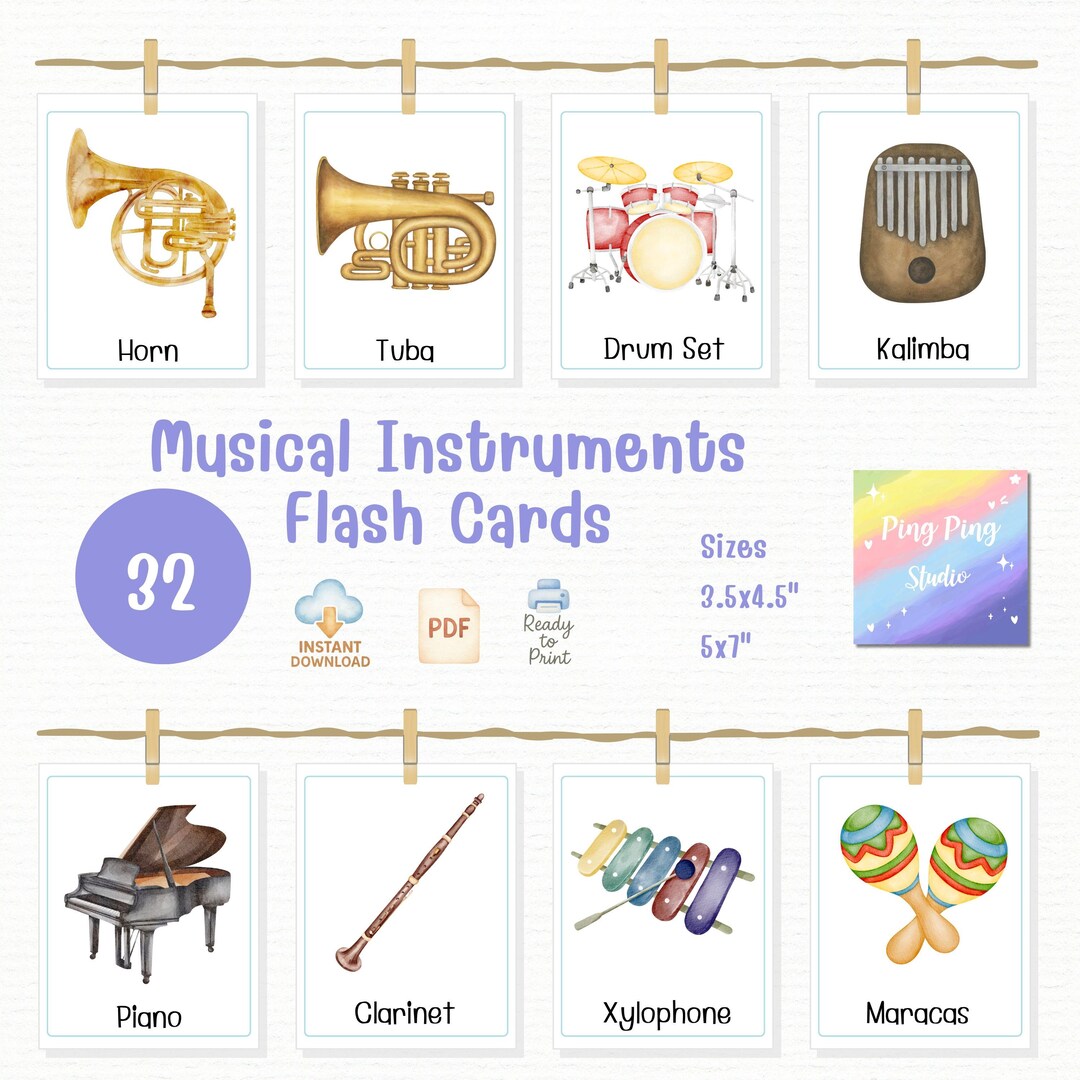 Watercolor Musical Instrument Flash Cards: Music Education Printable ...