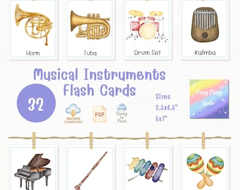 Tarjetas didácticas de instrumentos musicales en acuarela: Material imprimible para la educación musical (descarga en PDF)