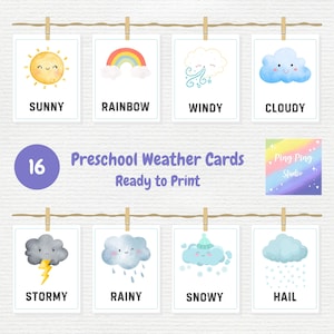 Cartes météo pour enfants d'âge préscolaire - Ensemble PDF imprimable - 2 tailles incluses - Jolies cartes météo aquarelles pour enfants