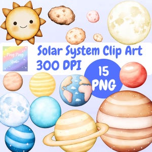 Puede incluir: Un conjunto de 15 imágenes de clipart de acuarela del sistema solar, que incluyen el sol, los planetas y las lunas. Las imágenes están en un estilo de dibujos animados y son perfectas para proyectos educativos o creativos. El texto "Solar System Clip Art 300 DPI 15 PNG" está incluido en la imagen.