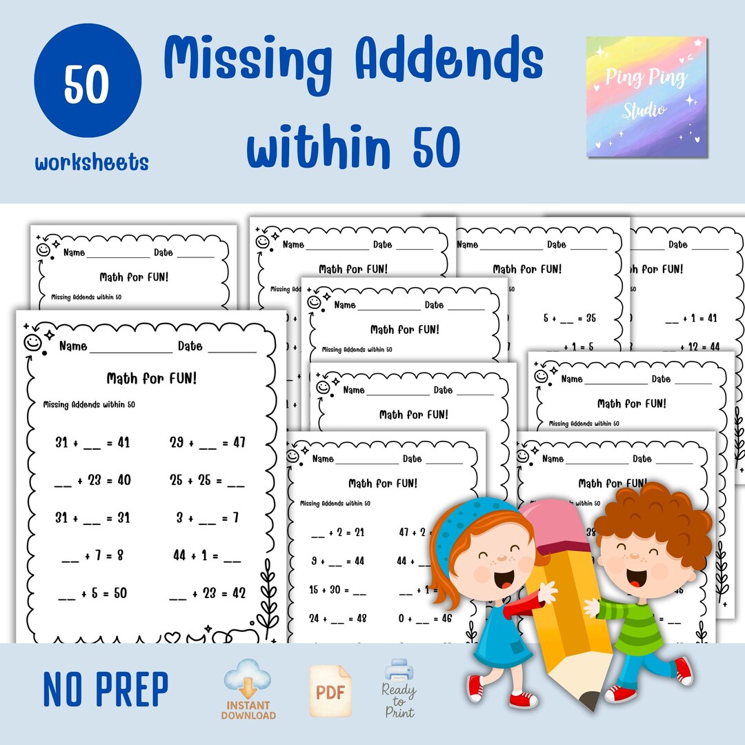 Missing Addends Math Worksheets: Addition Practice, Grades K-1 (PDF) - Etsy