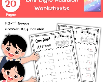 Schede di esercizi di addizione a una cifra / Matematica per la scuola dell'infanzia e la prima elementare / 20 pagine / Soluzioni incluse